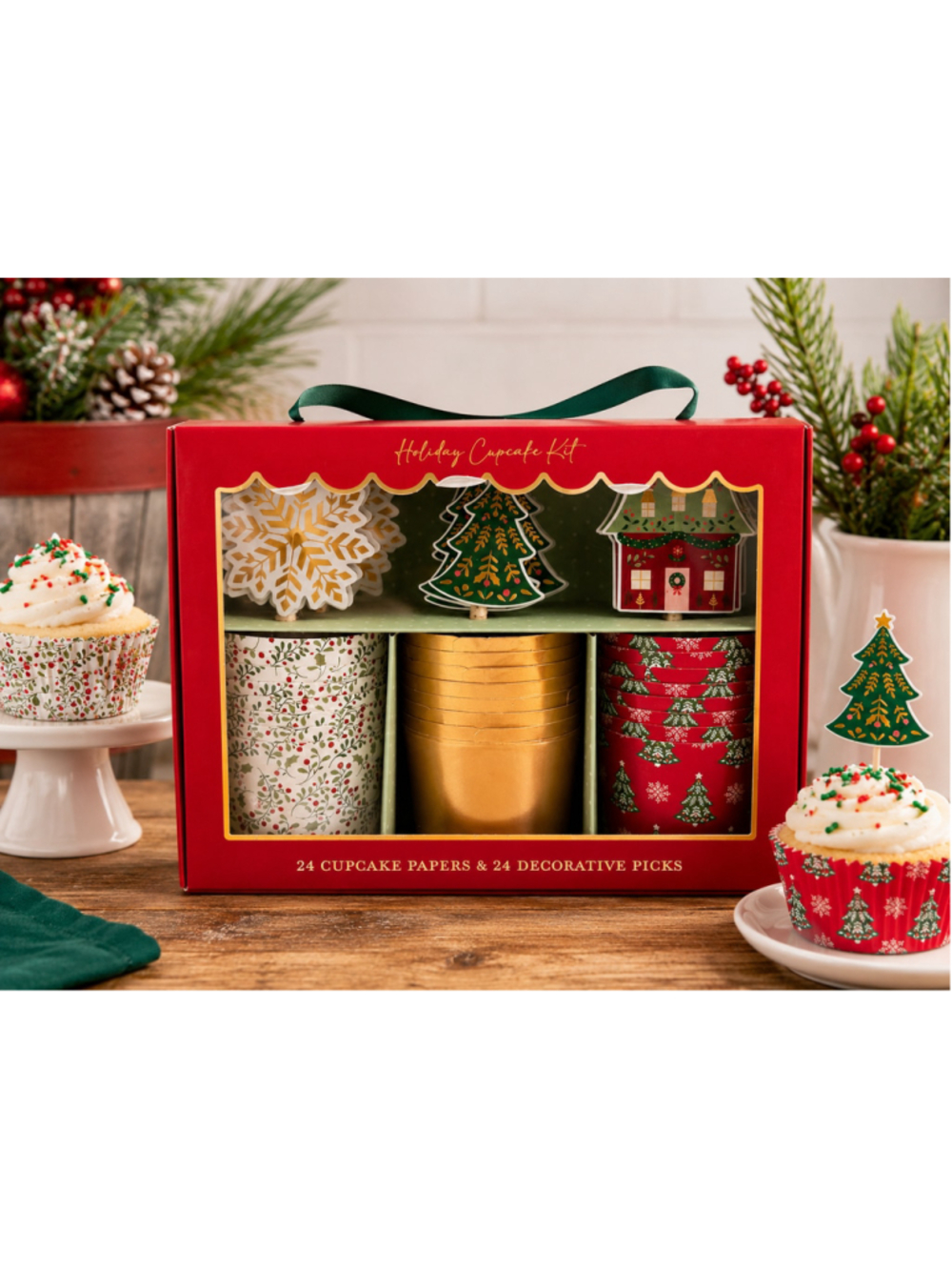 Holiday Cupcake Kit 24 Cupcake Papers & 24 Decorative Picks Christmas New